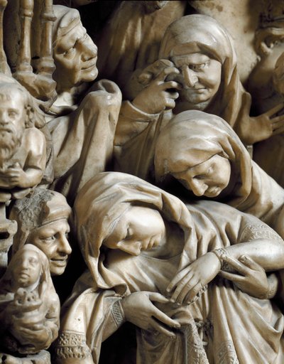 Gotisk kunst: "" Korsfæstelsen"" Reliefdetalje af marmorprædikestolen af Nicola Pisano (1215/20-1278/84) (detalje fra prædikestolen) 1266-1268 - Cathedrale Notre-Dame-de-l