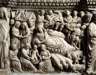 Gotisk kunst og arkitektur: visitation og fødsel - Detalje af basreliefferne af marmorbordet, som Nicola Pisano (1215/20-1278/84) lavede mellem 1266 og 1268 (marmorprædikestoldetaljer, visitation og fødsel) Cathedrale Notre-Dame- de-l