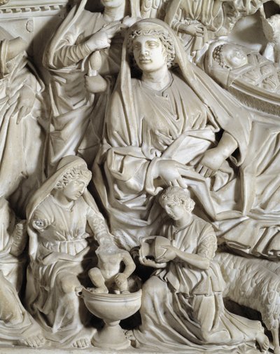 La nativite (nativity) Detail Stol udført af Nicola Pisano (1215 / 20-1278 / 84) (Marmorprædikestol) 1260 Baptistere Saint John of Pisa (Battistero san Giovanni di Pisa), Italien af Nicola Pisano