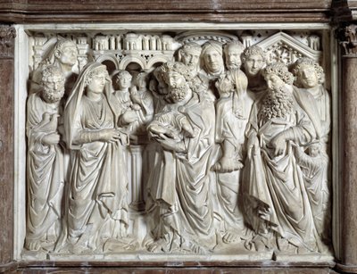 Præsentation af Jesus til templet (Præsentation af Jesus til templet) Stol udført af Nicola Pisano (1215/20-1278/84) (Marmorprædikestol) 1260 Baptistere Saint John of Pisa (Battistero san Giovanni di Pisa), Italien af Nicola Pisano