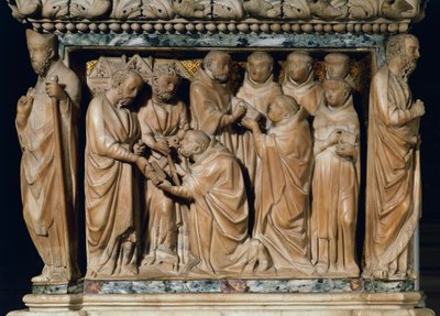 Apostlene Peter og Paulus viser sig for Saint Dominic, dekorativt relief fra Arca di San Domenico, af Nicola Pisano og hans værksted, marmor, San Domenicos kapel, San Domenico-basilikaen, Bologna, Emilia-Romagna, Italien af Nicola Pisano