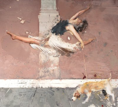 Ballerina med hund, 2021 (olie på lærred) af Nicola Pucci