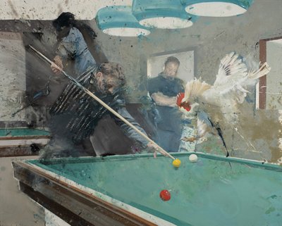Billard med hane II, 2022 (olie på lærred) af Nicola Pucci