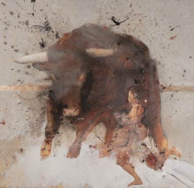 Tyr med tyrefægter, 2019 (olie og forbrænding på træ) af Nicola Pucci