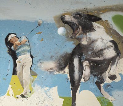 Golfspiller med hund, 2023 (olie på lærred) af Nicola Pucci