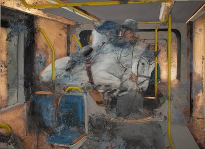 Hvid hest hopper på et tog, 2023 (olie på kobber) af Nicola Pucci
