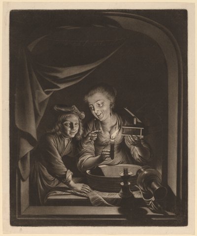 Stuepige med en musefælde af Nicolaas Verkolje after Gerrit Dou