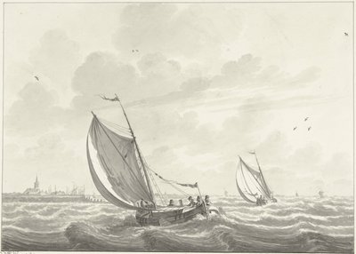 Skib under sejl på Maas, i det fjerne landsbyerne Oud og Nieuw Beijerland af Nicolaas Wicart