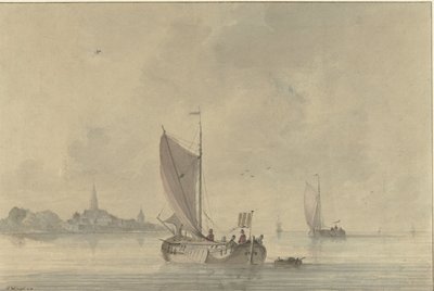 Sejlpramme på vandet foran en hollandsk by af Nicolaas Wicart