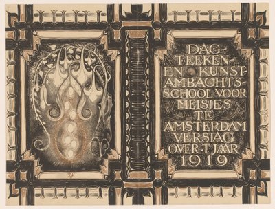 Banddesign til: Dagens rapport Tegne- og kunsthåndværksskole for piger i Amsterdam omkring år 1919 af Nicolaas van de Vecht