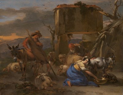 Pastoral scene med en hyrdinde, der malker en ged af Nicolaes Berchem