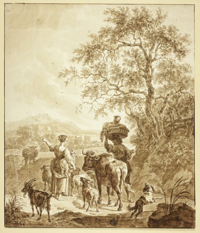 Hyrdinde og bonde med flok i italiensk landskab af Nicolaes Berchem