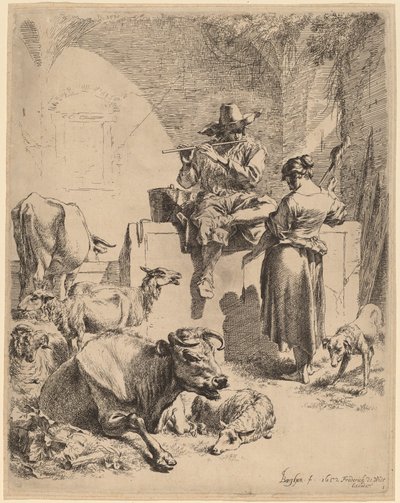 Hyrden siddende på en fontæne og spinneren, 1652. af Nicolaes Berchem