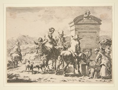 Uden titel - Genrescene med mennesker på æsler og en gravsten af Nicolaes Berchem