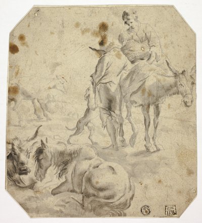 Kvinde og barn på æsel, mand, hunde, heste af Nicolaes Berchem