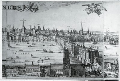 UK, England, Udsigt over London City med London Bridge af Nicolaes Jansz (1586 1652) Visscher