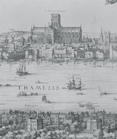 Panorama over London og Themsen, detalje fra del to, der viser St. Pauls Cathedral og Globe Theatre, ca. 1600 graveringsdetalje af 7214 af Nicolaes Jansz Visscher