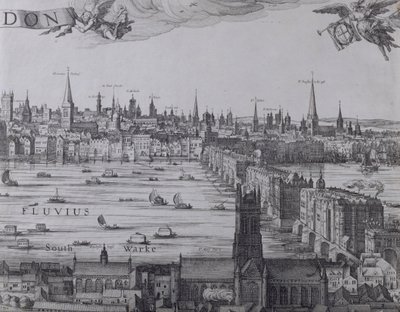 Panorama over London og Themsen, del tre viser Southwark, London Bridge og kirkerne i byen, ca. 1600 (se også 7214, 64730 og 64732) af Nicolaes Jansz Visscher