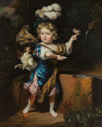 Hollandsk: Dreng med fugl og hund ved et springvand Dreng med fugl og hund ved et springvand af Nicolaes Maes