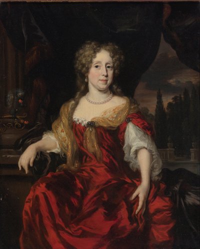 Portræt af en dame i en rød kjole af Nicolaes Maes