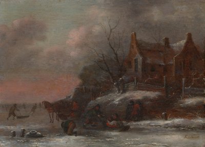 Et vinterlandskab med figurer, der kælker på en frossen flod af Nicolaes Molenaer