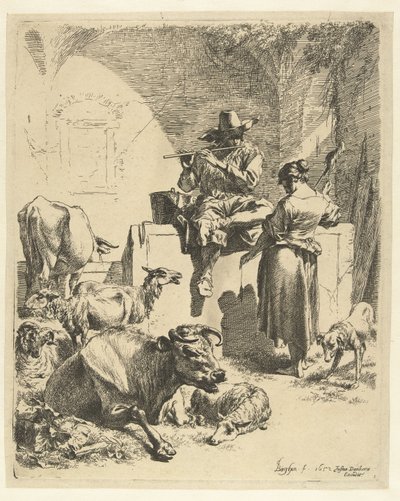Fløjtespillende hyrde og spinner af Nicolaes Pietersz Berchem