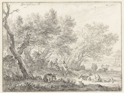 Hyrder og kvæg nær en gruppe træer af Nicolaes Pietersz Berchem
