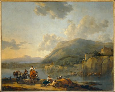 Muldyrsdriver nær et vadested - En kvindelig muldyrsdriver passerer et vadested ... af Nicolaes Pietersz. Berchem