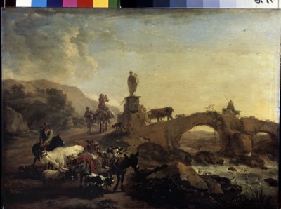 "Italiensk landskab med en lille bro" Maleri af Nicolaes (Claes) Pietersz Berchem den Ældre (1620-1683) 1656 Mål 44,5x61 cm Eremitagemuseet, Sankt Petersborg af Nicolaes Pietersz. Berchem