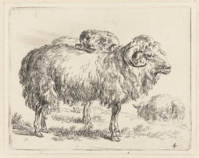 Twee rammen en een schaap Schapen (serietitel) Dyr draget til livet og trykt i vand af stærk luft af Nicolai Berchems atelier og kunst (serietitel) af Nicolaes Pietersz Berchem