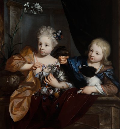En ung dreng og pige i arkitektoniske omgivelser af Nicolaes Verkolje