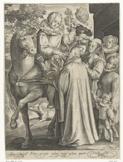 Den fortabte søn modtager sin arv og tager på rejse Filius acceptis opibus minor extera quaerit (titel på objekt) Tale of the Prodigal Son (serietitel) af Nicolaes de Bruyn