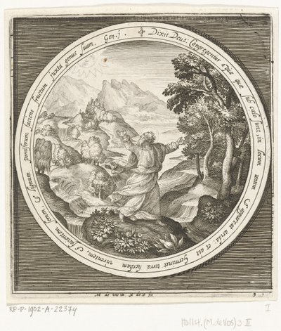 Tredje skabelsesdag: Gud skaber jord og frødannende planter og træer med frugter, der bærer frø Fra skabelse til uddrivelse fra paradis (serietitel) af Nicolaes de Bruyn