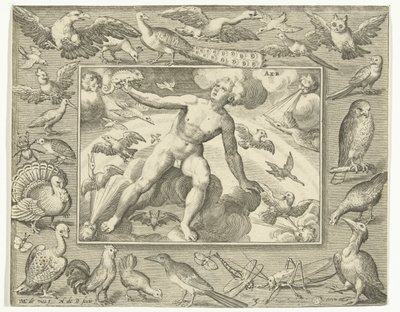 Element af luft som ung mand på skyer mellem flyvende fugle Aer (titel på objekt) De fire elementer (serietitel) af Nicolaes de Bruyn