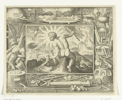 Element af ild som ung mand med lyn Ignis (titel på objekt) De fire elementer (serietitel) af Nicolaes de Bruyn