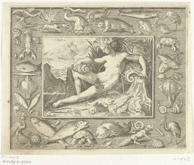 Element af vand som kvinde ved brønd med fisk Aqua (titel på objekt) De fire elementer (serietitel) af Nicolaes de Bruyn