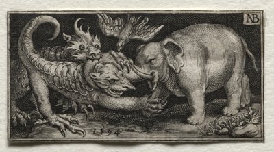 Elefant kæmper mod to udyr af Nicolaes de Bruyn