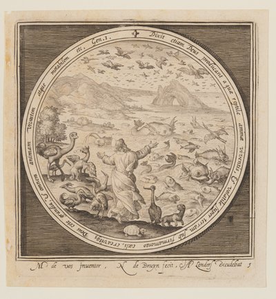 Den femte dag: Skabelsen af fugle og fisk, fra skabelsen til uddrivelsen fra Paradis af Nicolaes de Bruyn