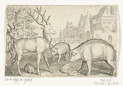 Hjorte, pindsvin, får, frøer og gris Animalivm qvadrvpedvm (serietitel) Dyr i landskaber (serietitel) af Nicolaes de Bruyn