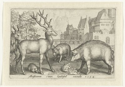 Hjorte, pindsvin, får, frøer og gris Animalivm qvadrvpedvm (serietitel) Dyr i landskaber (serietitel) af Nicolaes de Bruyn