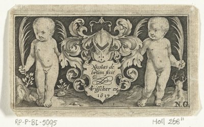 Titelprint med to børn med palmeblad ved siden af ​​våbenskjoldet Frisere med børn, engle og dyr (serietitel) af Nicolaes de Bruyn