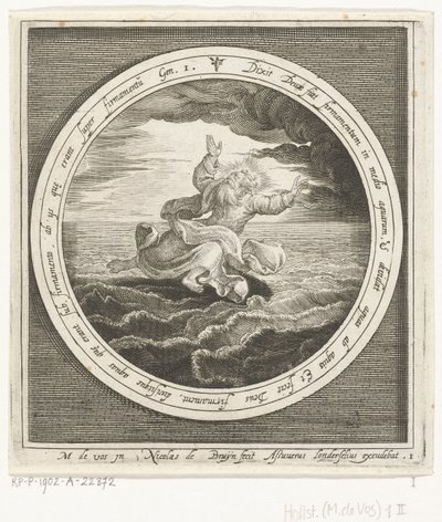 Anden skabelsesdag: Gud adskiller vandmasserne i himmel og hav Fra skabelse til uddrivelse fra paradis (serietitel) af Nicolaes de Bruyn