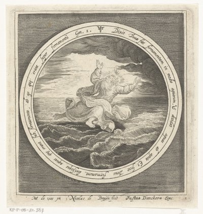 Anden skabelsesdag: Gud adskiller vandmasserne i himmel og hav Fra skabelse til uddrivelse fra paradis (serietitel) af Nicolaes de Bruyn