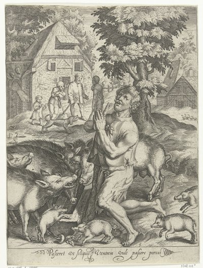 Den fortabte søn som svinehyrde Pasceret vt siliquis ventrem fylder pascere porcos (titel på objekt) Tale of the Prodigal Son (serietitel) af Nicolaes de Bruyn