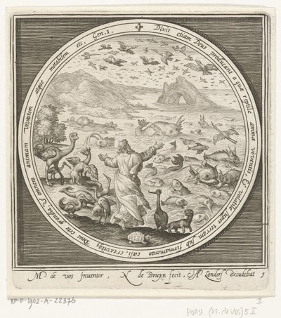 Skabelsens femte dag: Gud skaber fisk og fugle Fra skabelse til uddrivelse fra paradis (serietitel) af Nicolaes de Bruyn