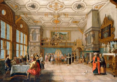 Lazarus ved døren til en festsal med spisestue med elegante figurer, 1622 af Nicolaes de Gyselaer