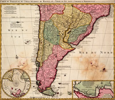 Kort over Paraguay, Chile, Magellanstrædet og Ildlandet i Sydamerika, ca. 1720 (koloreret stik) af Nicolaes the Younger Visscher