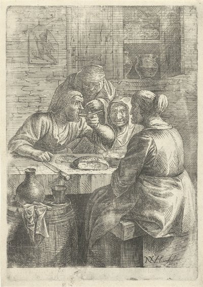 Tre gamle kvinder spiser ved et bord af Nicolaes van Haeften