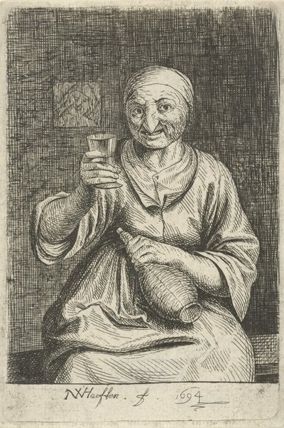 Gammel kvinde med glas og kande af Nicolaes van Haeften