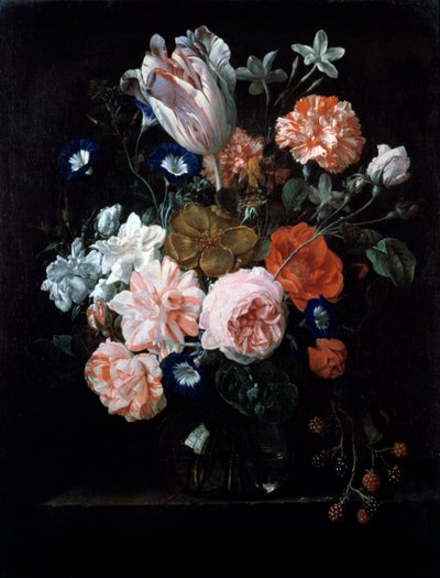 En tulipan, nelliker og morgenherlighed i en glasvase, 1600-tallet. af Nicolaes van Veerendael